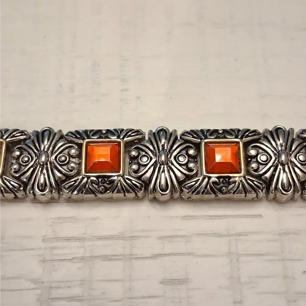 Silver Tone Vintage Style Bracelet with Red Rhinestones